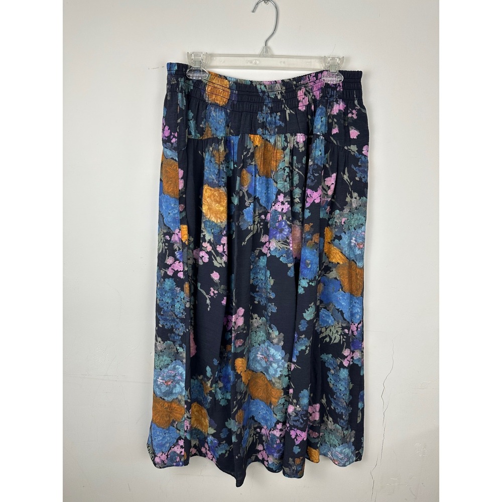 Vince Floral Smocked Waist Midi Skirt Navy Blue Orange Rayon Blend Large - Picture 2 of 9